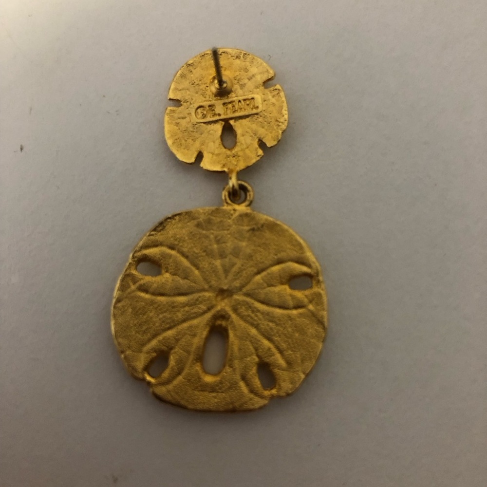 Vintage Erwin Pearl Brushed Gold Sand Dollar Drop Dangle Earrings Crystal Accent - Picture 4 of 6